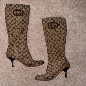 Gucci Beige Brown Canvas Knee-High Heeled Boots